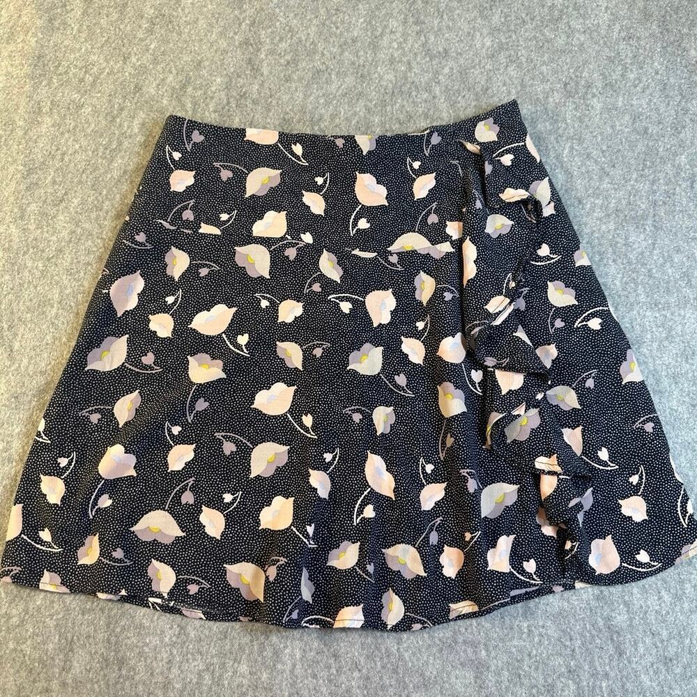 Ann Taylor Loft floral faux wrap ruffle mini skirt dark background pink flowers